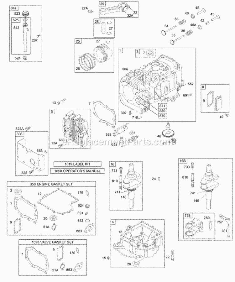 Cylinder Head Piston Crankshaft Gasket Oil Sump Diagram and Parts List for 28R707-0140-01  Briggs and Stratton Engine
